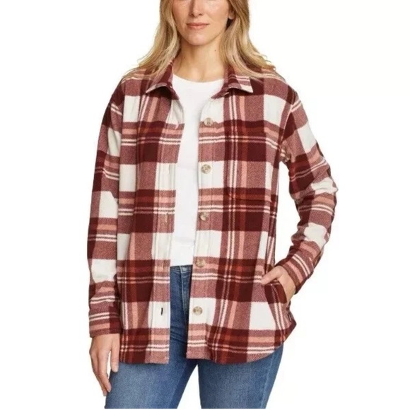Eddie Bauer Tops - Eddie Bauer Microfkeece Plaid Button-Down Shirt - Brown and White